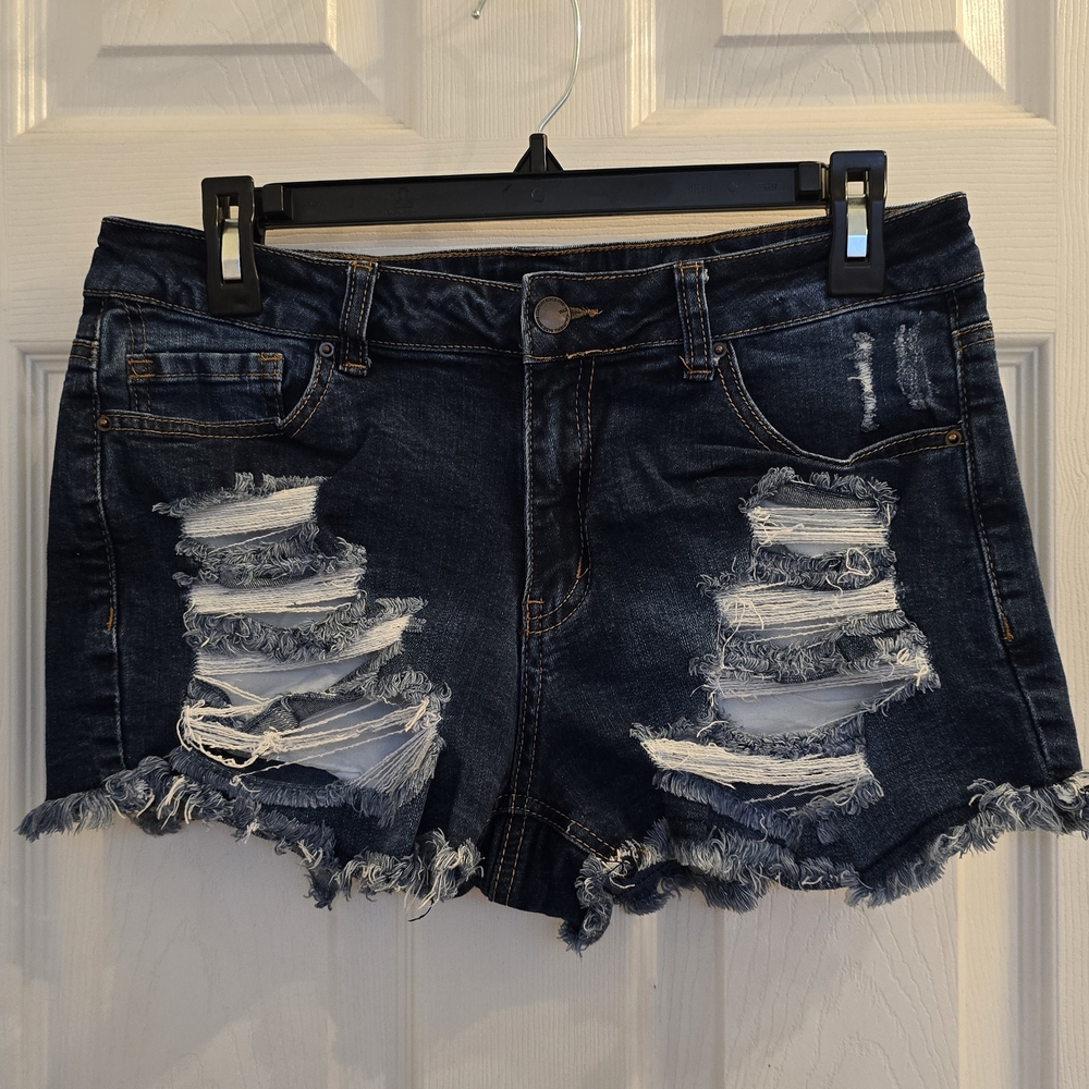 Fashion Nova Dark Blue Distressed Denim Shorts